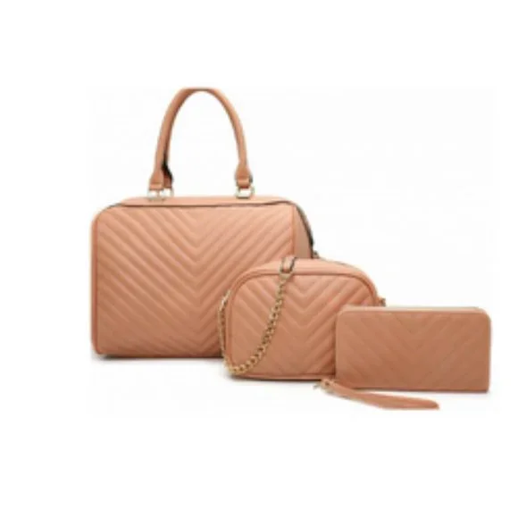 Pink 3 in 1 Fashion Quilted Fashion Handbag Set - Picture 2 of 2